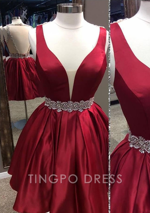 TingPo Wholesale A-line V Neck Sleeveless Satin Short/Mini Homecoming Dress With Beading Bandage